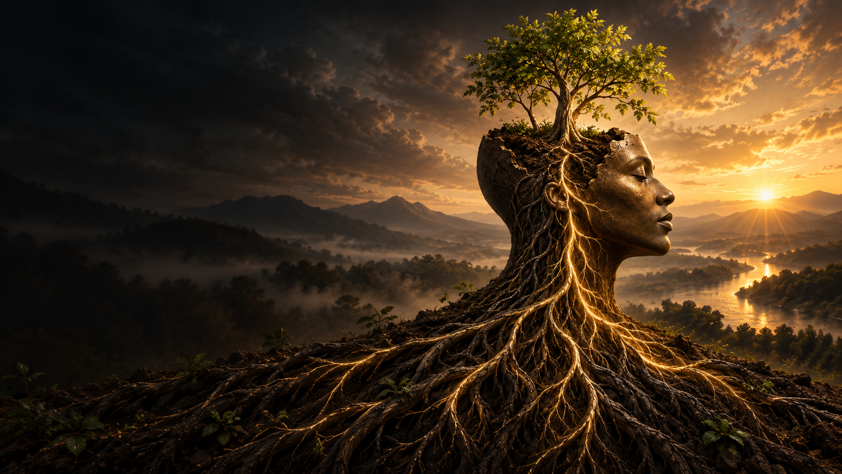 The complete tree canopy above a woman’s head and face, with a spreading root system below, connecting inheritance with growth.